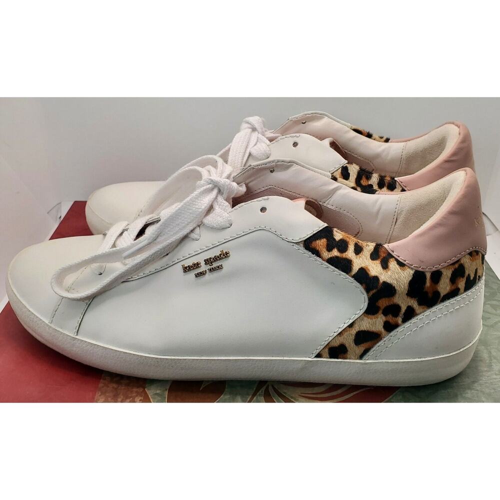 Kate Spade Size 10 New York Ace Sneaker White Leather Leopard Calf Hair K9552